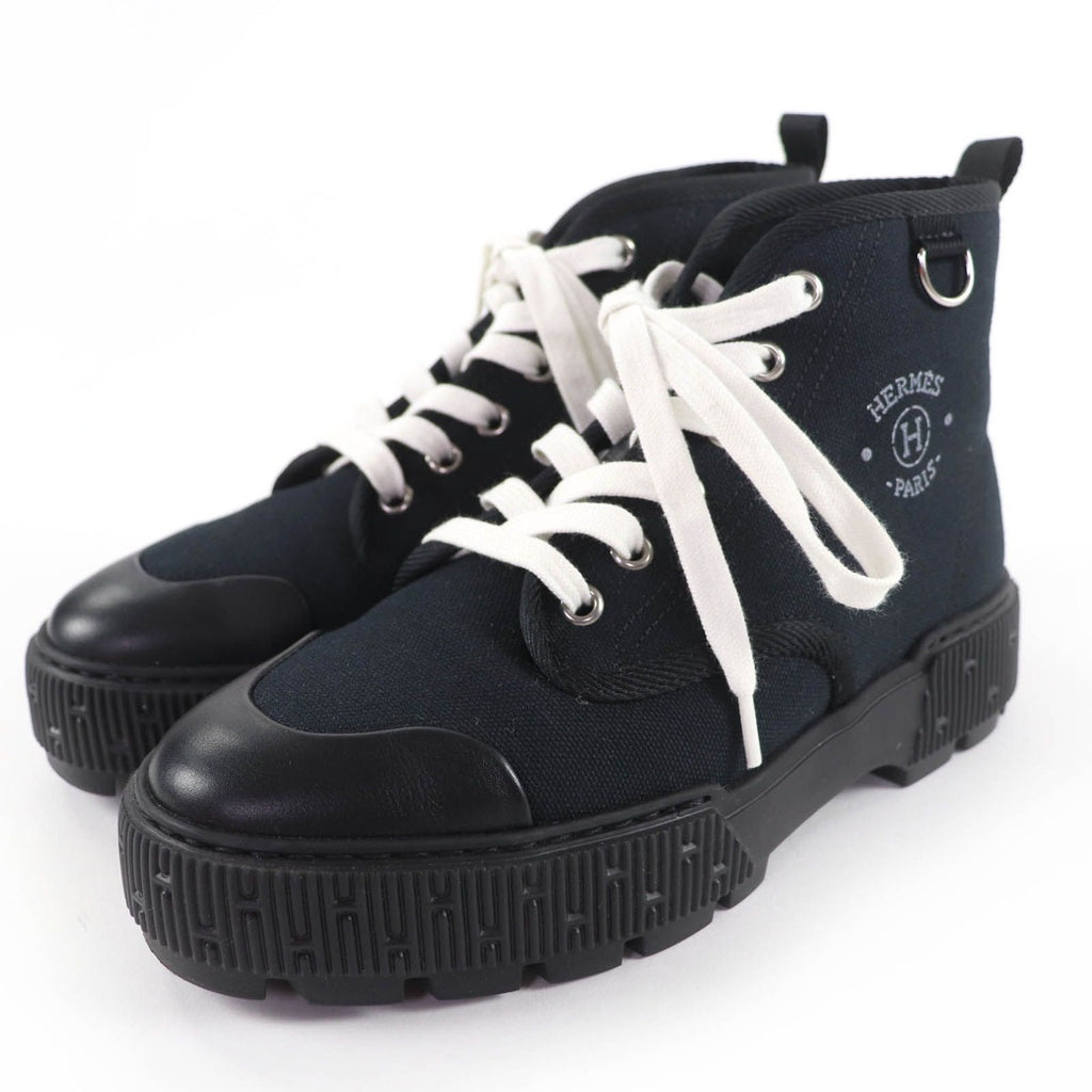 Hermes Itinerelle Canvas Leather High Cut Sneakers Black 36