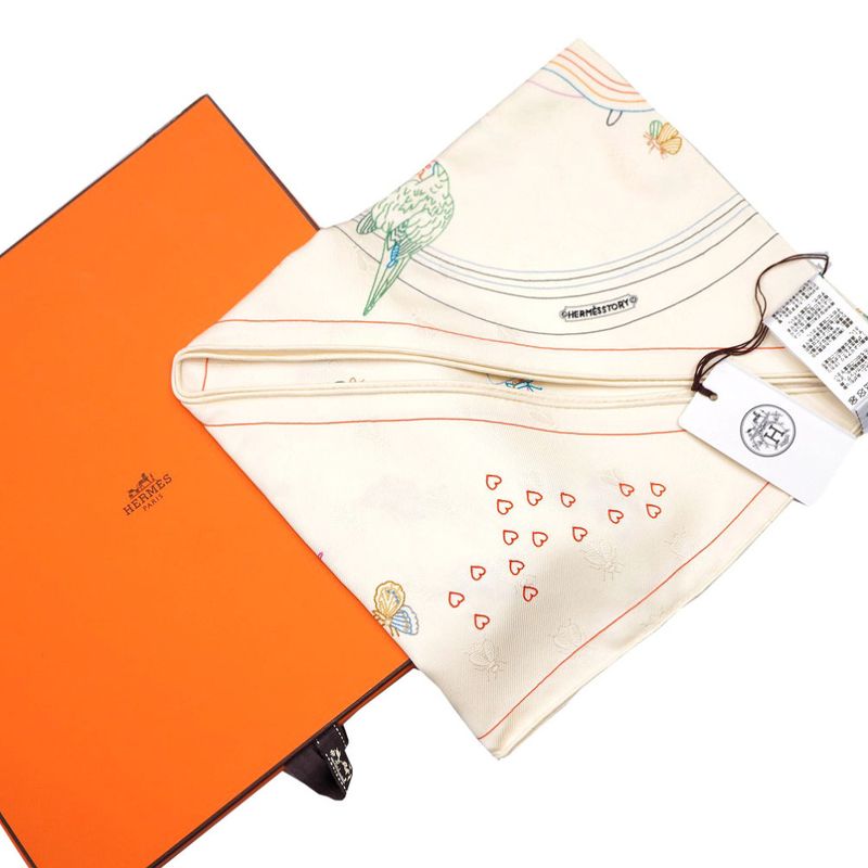 Hermes Story Triangle Scarf Embroidered Beaded Carre Silk Ivory 0109 — view 2