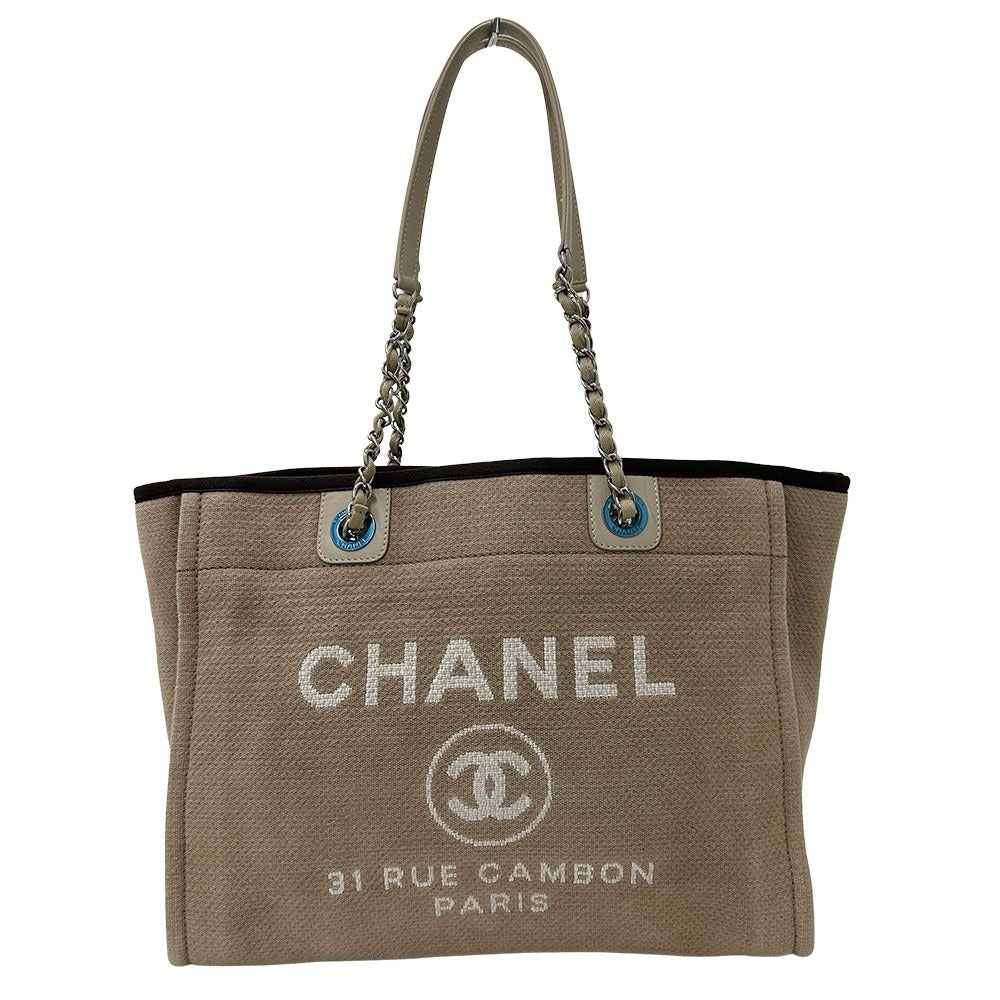Chanel Bag Tote Deauville Chain Canvas Beige Silver
