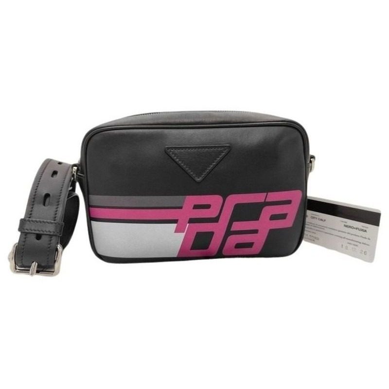 Prada Shoulder Bag Black Pink Leather Logo White Tag Silver