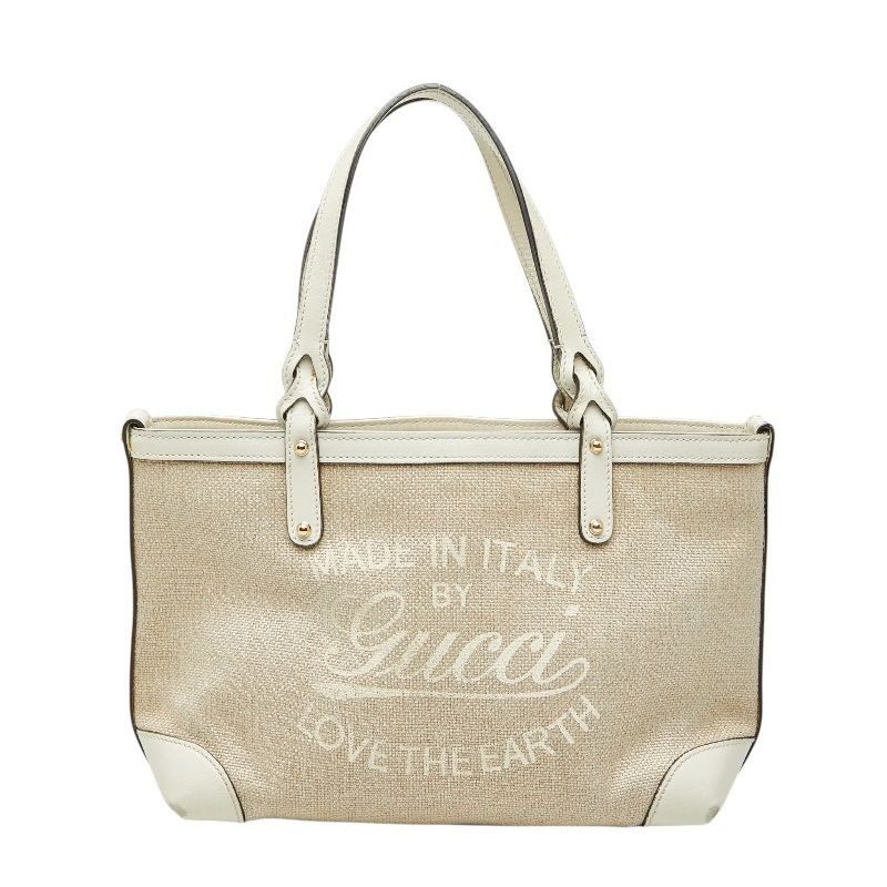Gucci Craft Tote Shoulder Bag White Beige Canvas Leather