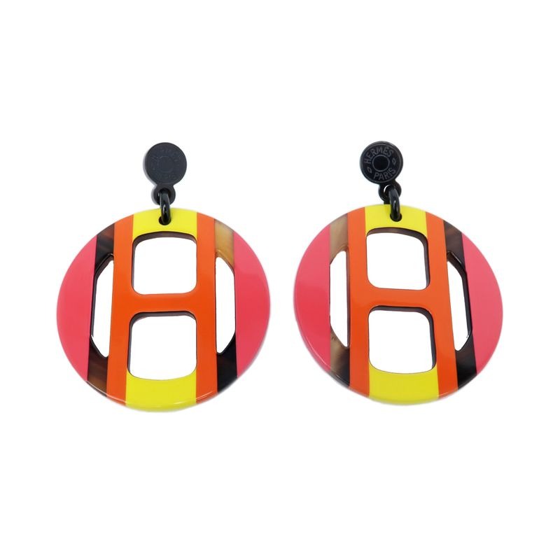 Hermes Earrings H Equipe Buffalo Horn Pair Multicolor Pink Accessories — view 2
