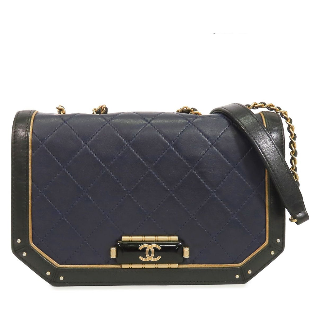Chanel Chain Navy Black Gold Leather Quilted Shoulder Bag