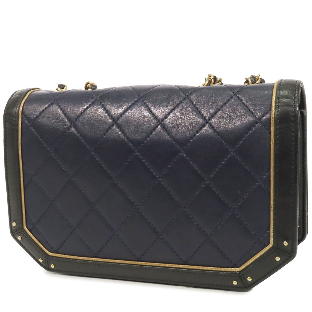 Chanel Chain Navy Black Gold Leather Quilted Shoulder Bag — view 2