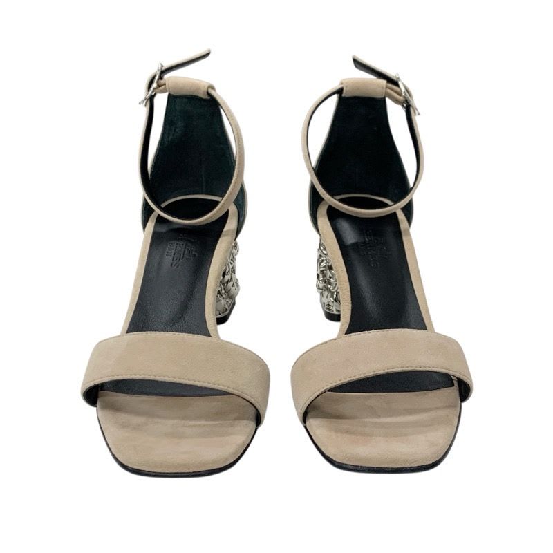 Hermes Gram 60 Sandals Shoes Suede Beige Silver Chaine D'ancre Metal Heel Strap — view 2