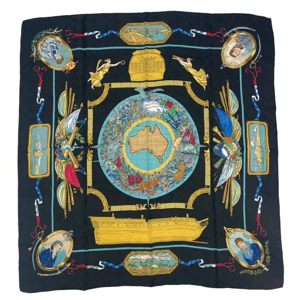 Hermes Scarf Silk Carre 90 le Geographe Geographer Black