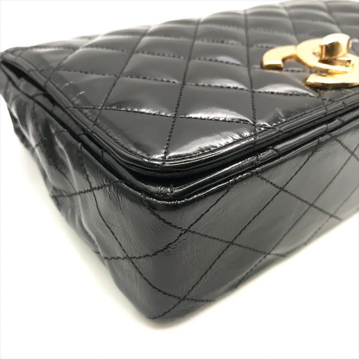 Chanel CC Logo Quilted Calf Enamel Full Flap Chain Shoulder Bag Black — view 4