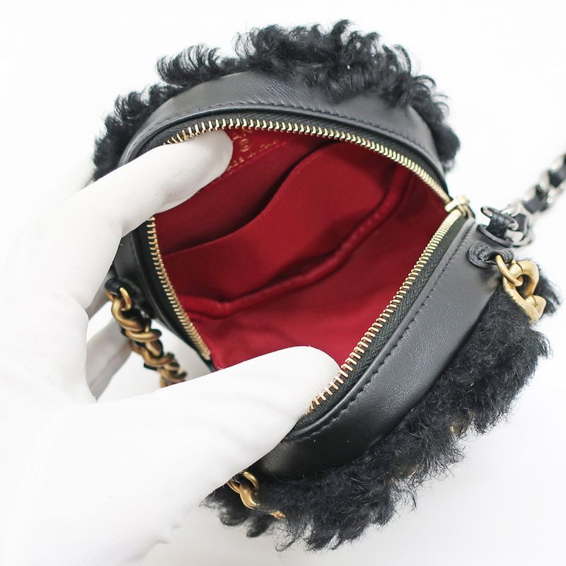 Chanel Round Shearling Shoulder Bag 19 Black Ap0945 Gold Chain — view 6