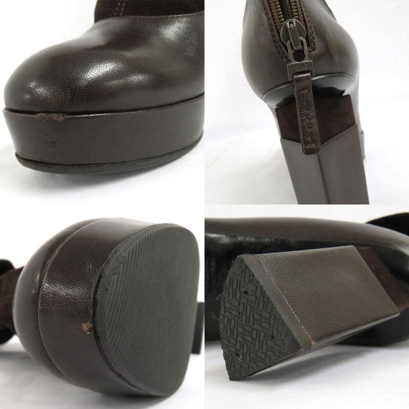 Fendi Thick Heel Platform Boots 36.5 Brown Leather Suede Short Back — view 9