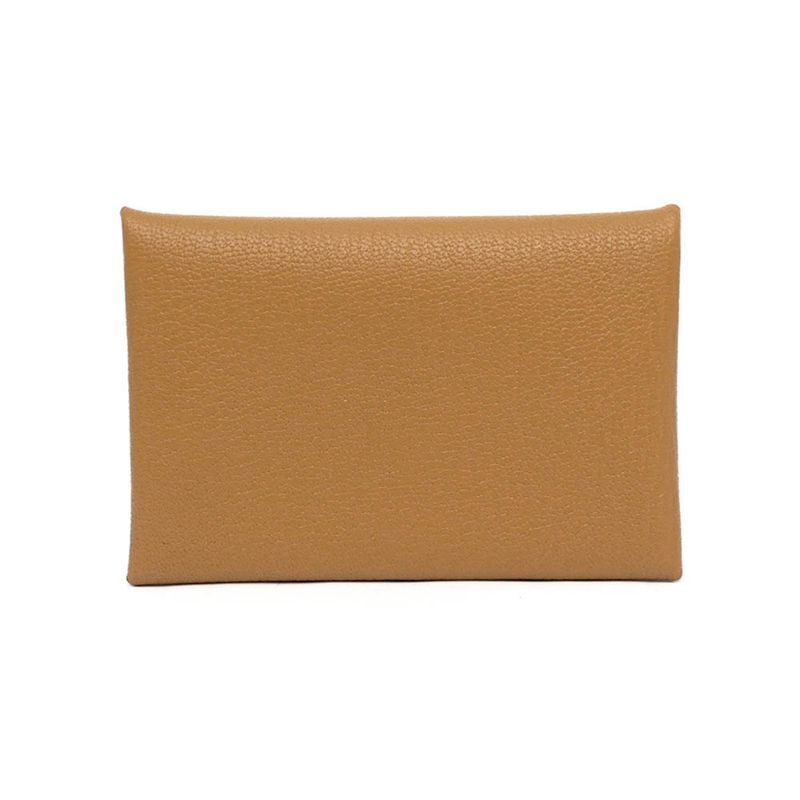 Hermes Calvi Sesame Brown Chevre Silver Hardware Card Holder — view 3