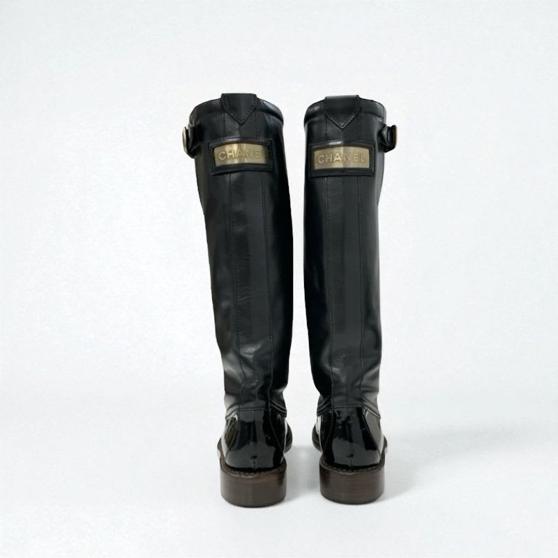 Chanel Boots Long Shoes Leather Patent Black Gold Logo — view 5
