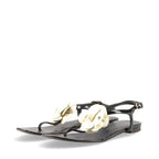 Chanel Coco Mark Camellia Patent Leather Sandals 35 C Black And Ivory