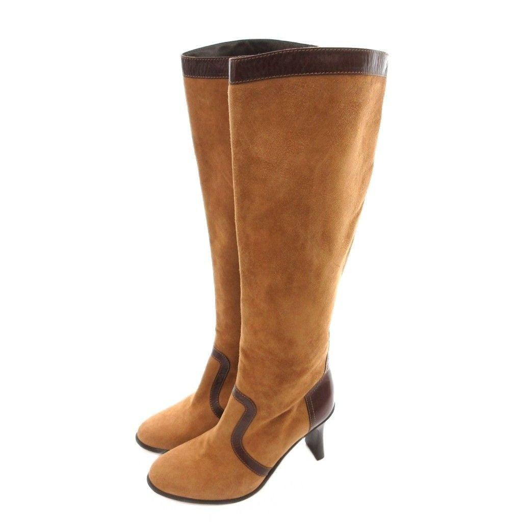 Hermes Long Boots Suede Contrast Leather Side Zip Camel YJ