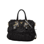 Prada Gather Logo Tote Shoulder Bag 2-Way Black Nylon Leather
