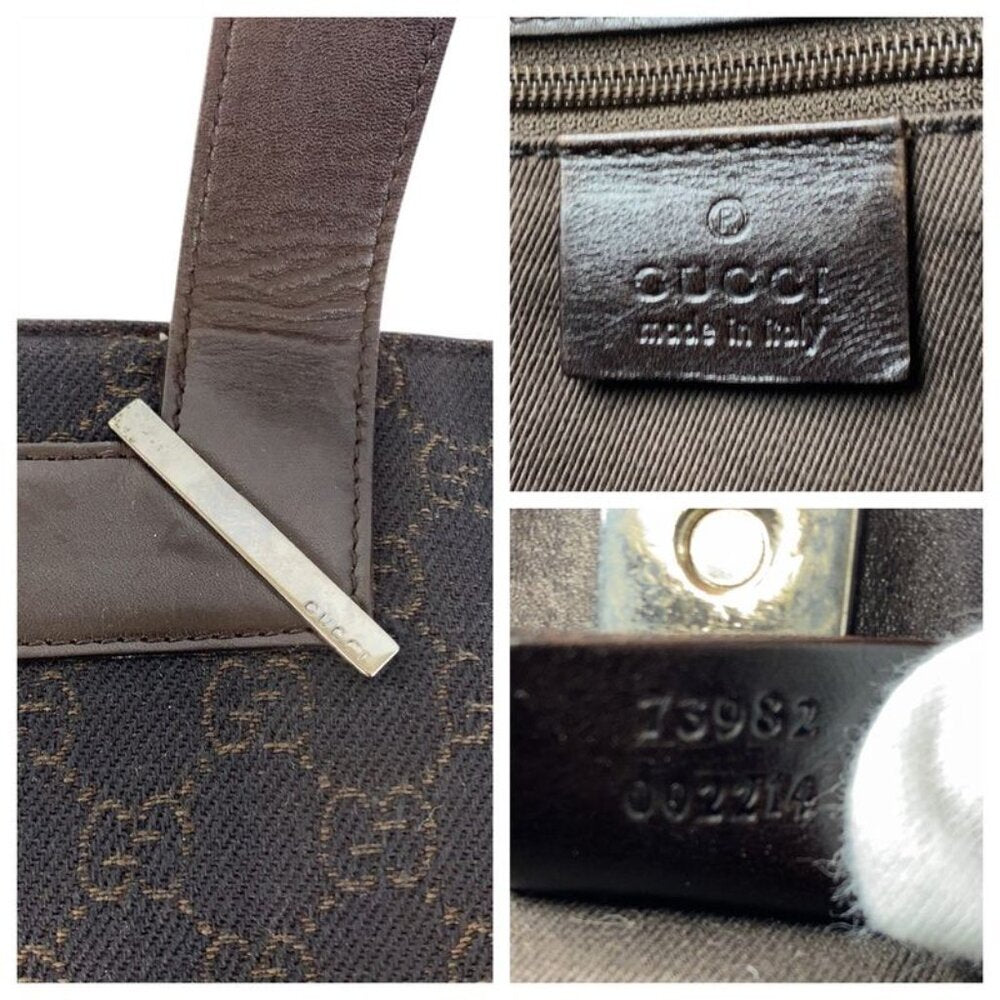Gucci Brown Silver Hardware GG Canvas Leather 73982 Tote Bag Handbag