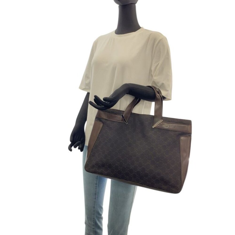 Gucci Brown Silver Hardware GG Canvas Leather 73982 Tote Bag Handbag