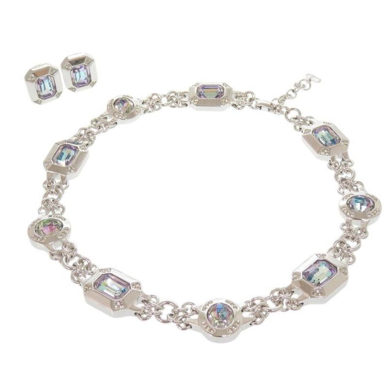 Christian Dior Vintage Metal Stone Silver Necklace Earrings 0757