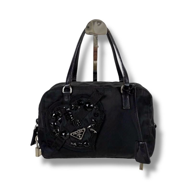 Prada Evening Heart Mini Handbag Black Nero Tessuto Nylon Beads