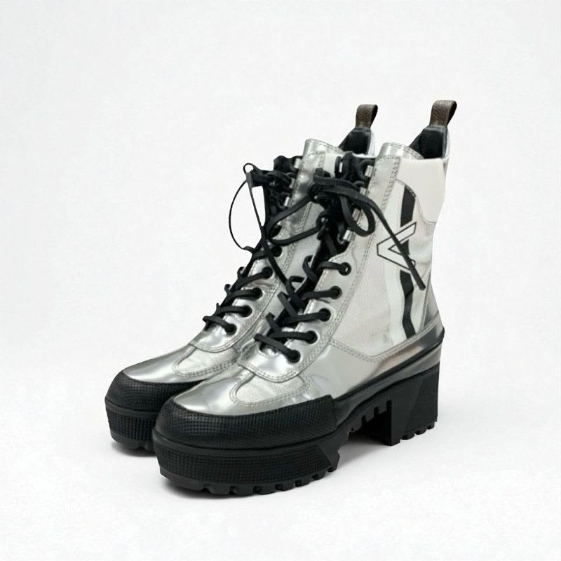 Louis Vuitton Laurie Line Boots Short Shoes Leather Patent Silver Black