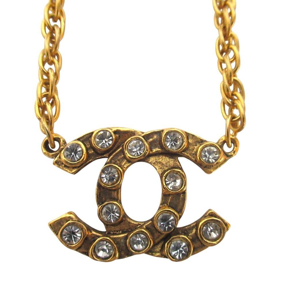 Chanel CC Logo Rhinestone Chain Necklace Gold Plated
