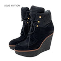 Louis Vuitton Monogram Boots Short Lace Up Wedge Sole Suede Nylon Black