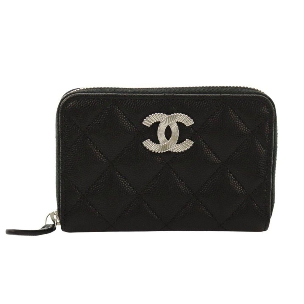 Chanel CC Logo Small Zip Wallet Gray Calfskin Caviar Quilted Black