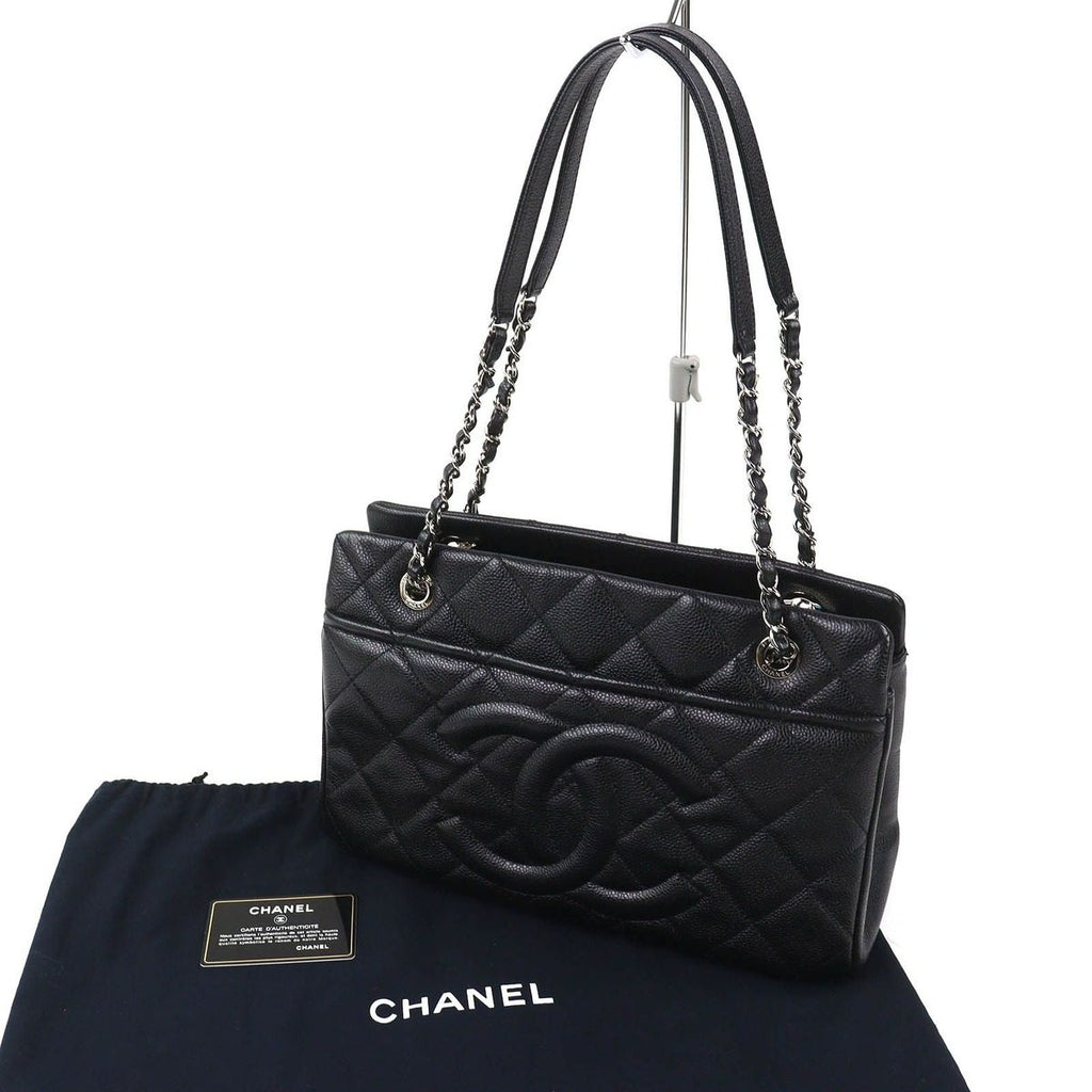 Chanel Caviar Leather CC Logo Quilted Chain Tote Black with Silver Large — view 2