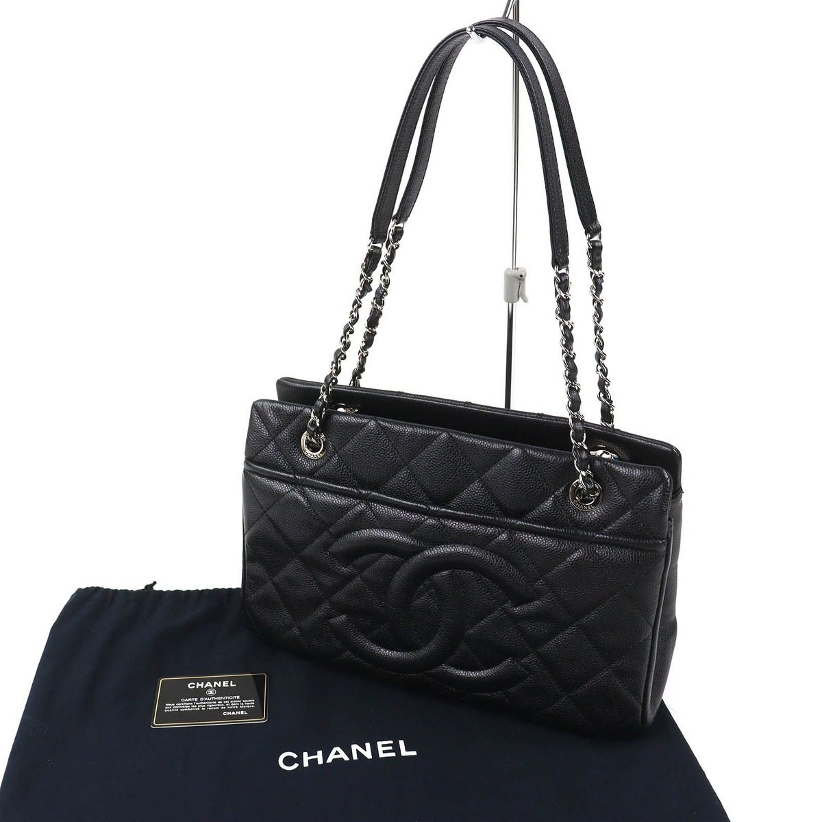 Chanel Caviar Leather CC Logo Quilted Chain Tote Black with Silver Large — view 2
