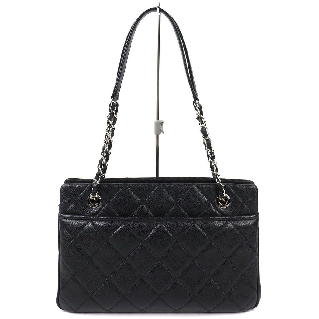 Chanel Caviar Leather CC Logo Quilted Chain Tote Black with Silver Large — view 3