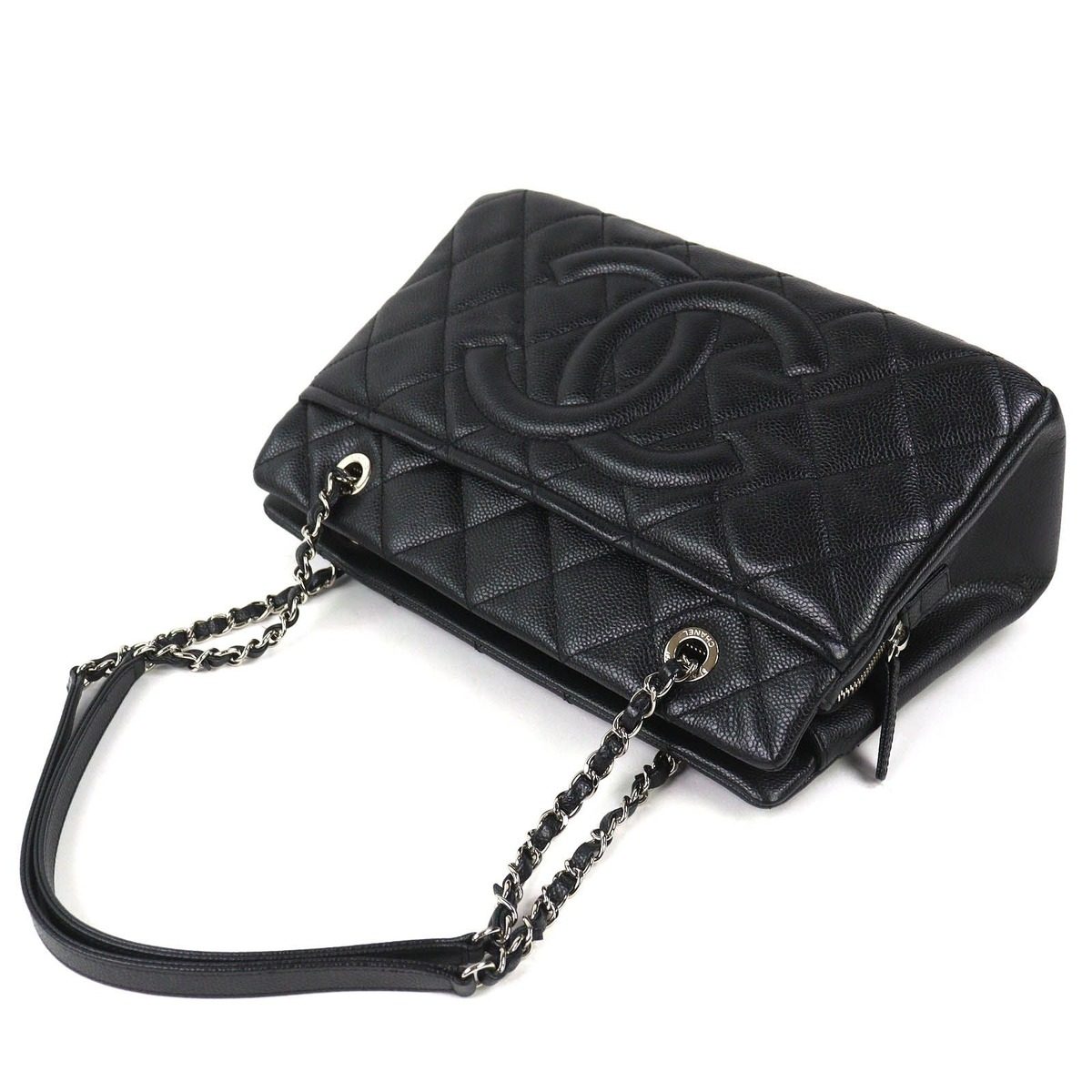 Chanel Caviar Leather CC Logo Quilted Chain Tote Black with Silver Large — view 4