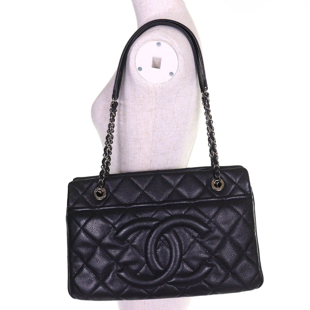Chanel Caviar Leather CC Logo Quilted Chain Tote Black with Silver Large — view 9