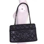 Chanel Caviar Leather CC Logo Quilted Chain Tote Black with Silver Large — view 9