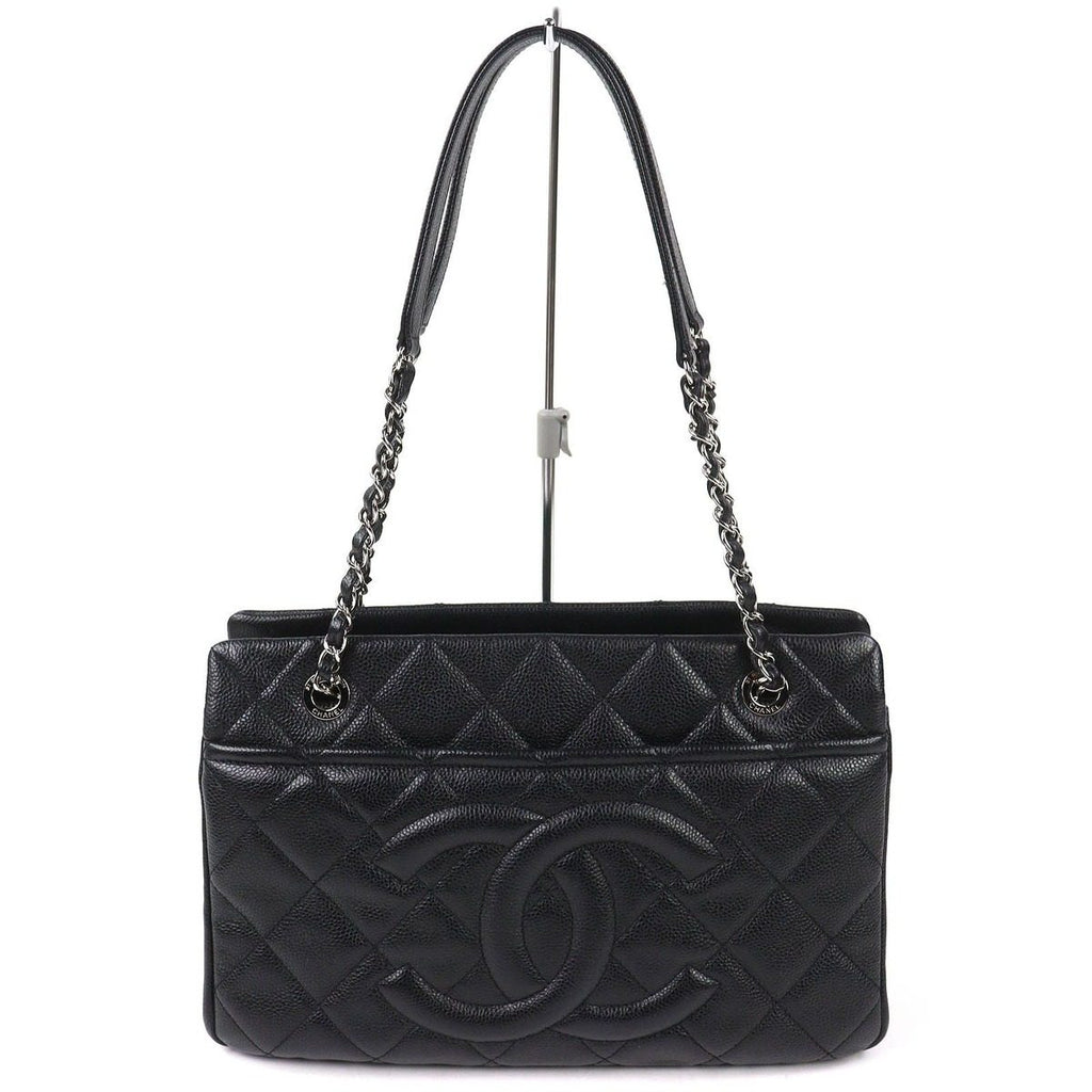 Chanel Caviar Leather CC Logo Quilted Chain Tote Black with Silver Large