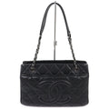 Chanel Caviar Leather CC Logo Quilted Chain Tote Black with Silver Large