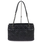 Chanel Caviar Leather CC Logo Quilted Chain Tote Black with Silver Large