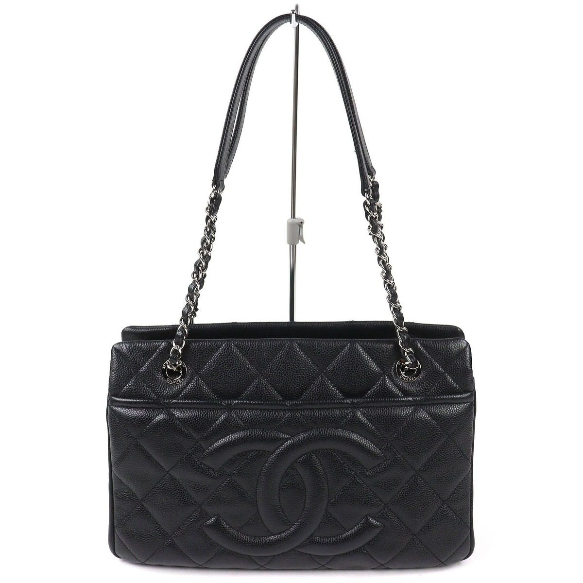 Chanel Caviar Leather CC Logo Quilted Chain Tote Black with Silver Large