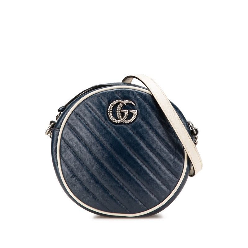 Gucci GG Marmont Mini Chain Shoulder Bag Navy White Leather