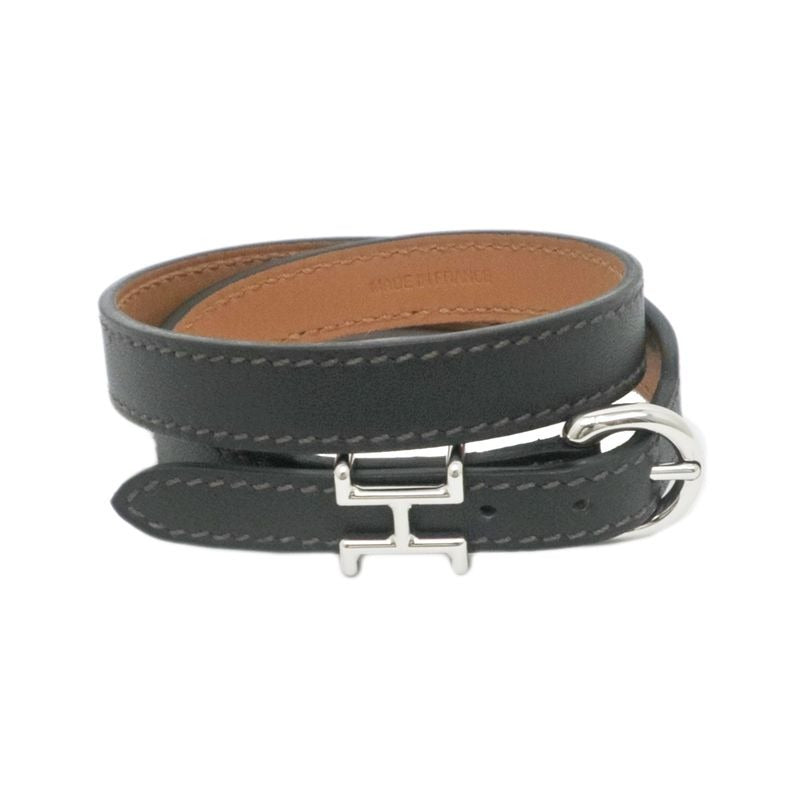 Hermes Leather Bracelet Trench Black Silver Hardware Size T5 — view 2