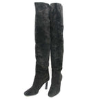 Saint Laurent Paris Knee High Suede Leather Heel Boots Black 37