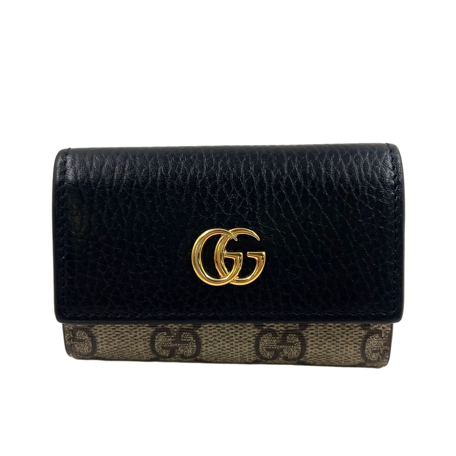 Gucci GG Marmont Petit Leather Black Beige Key Case Gold Key Holder