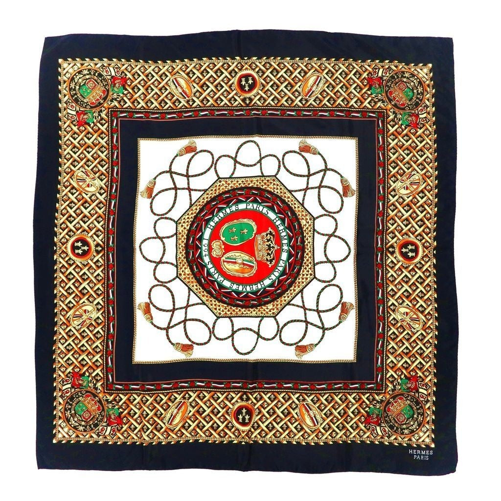 Hermes 90 Carre Scarf Coin Emblem Black Silk, All-Over Print
