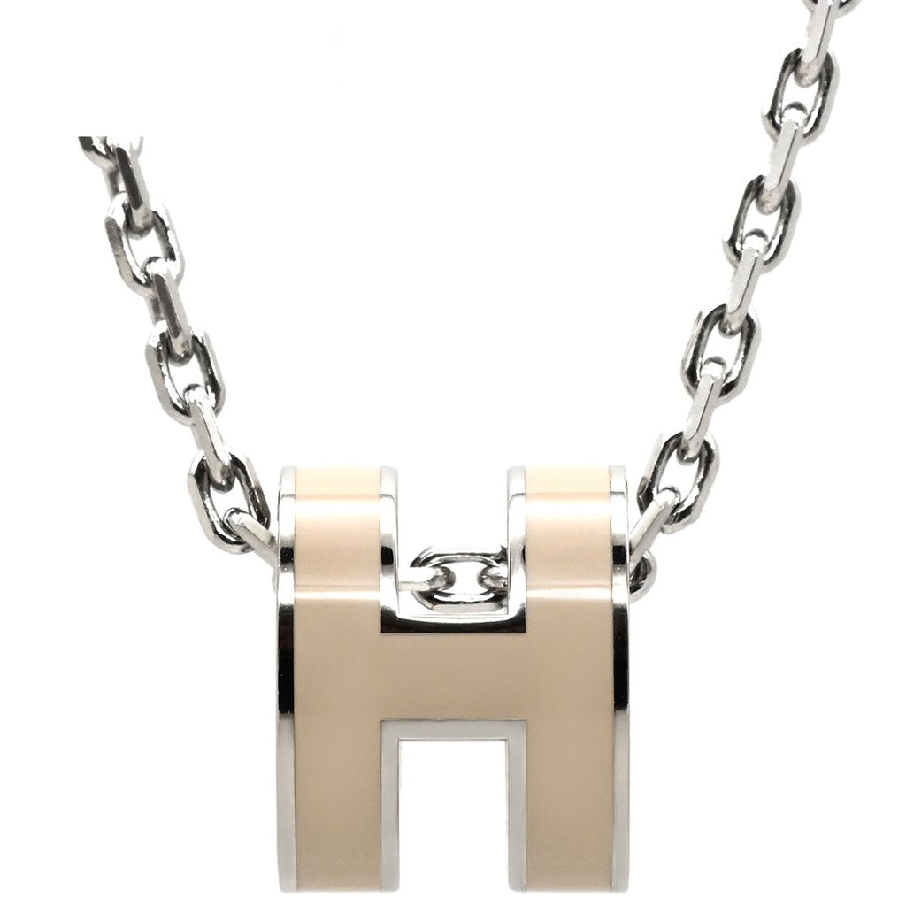Hermes Necklace Pop H Mini Pendant Metal Lacquer Brown Glace Silver Light