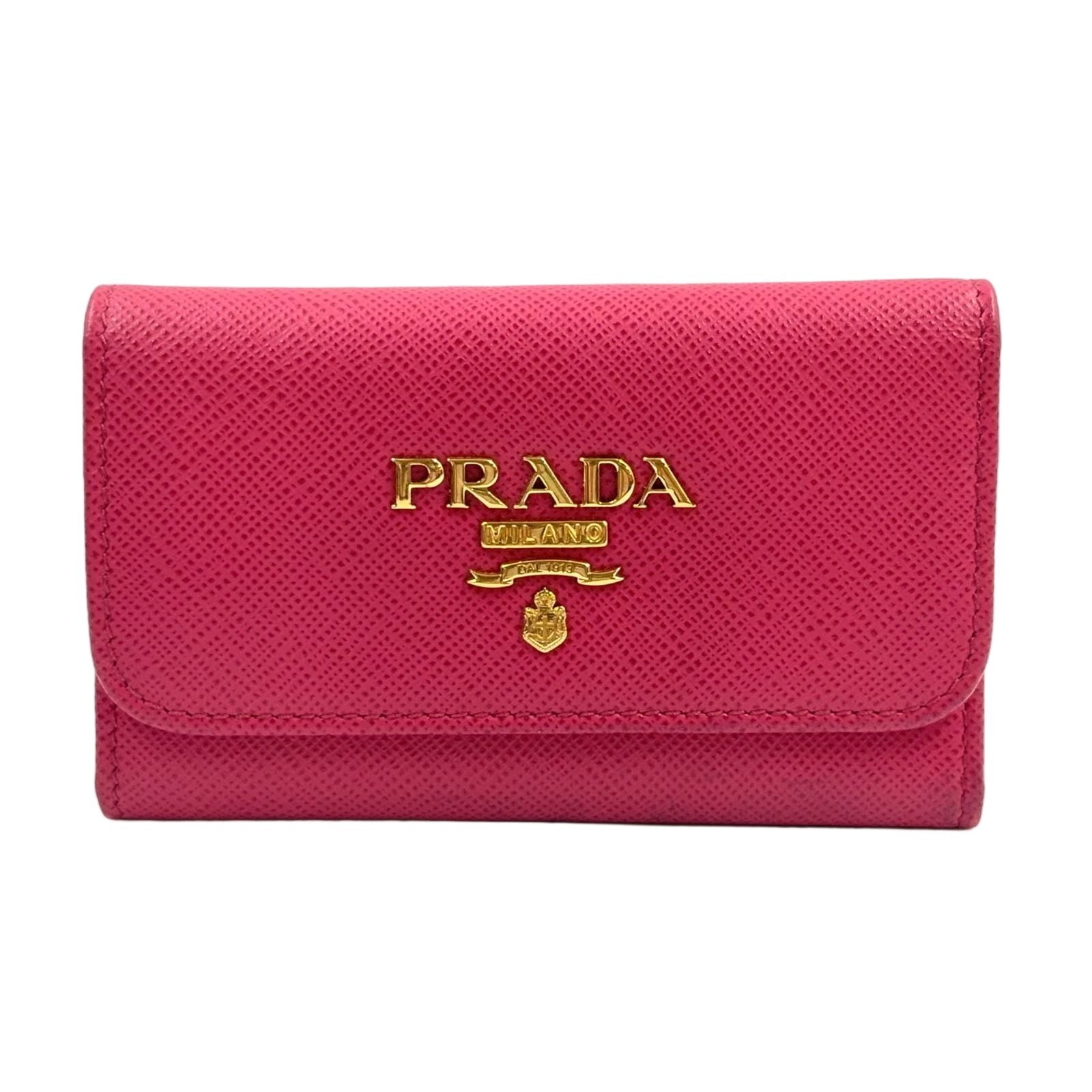 Prada Saffiano Metal 6 Leather Pink Key Case Gold Key Holder