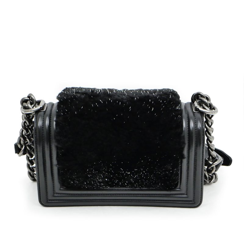 Chanel Chain Shoulder Bag Orirag Rabbit Fur Lamb Black — view 7
