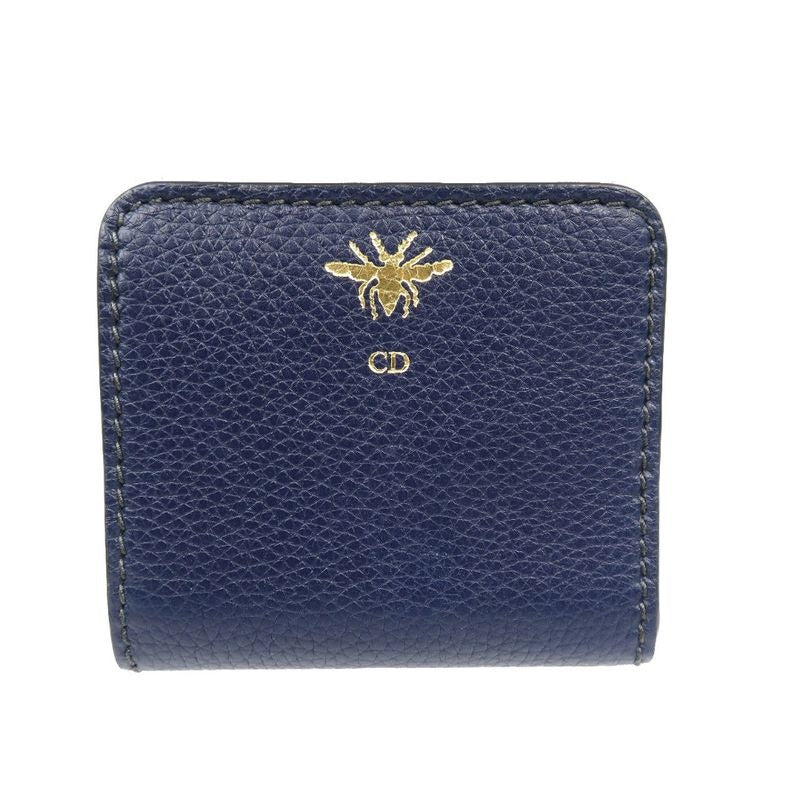 Christian Dior Bee Leather Gold Hardware Navy Blue Bifold Wallet 1128