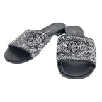 Chanel CC Logo Tweed Mule Sandals Black Silver 38