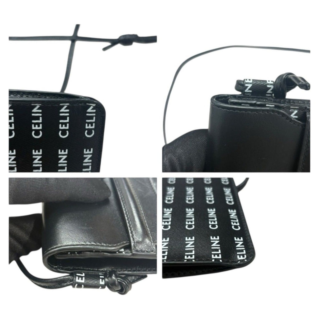 Celine Logo Print Black White Leather Shoulder Bag Phone Pouch Mobile — view 3