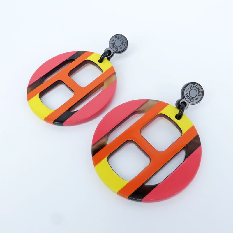 Hermes Earrings H Equipe Buffalo Horn Pair Multicolor Pink Accessories — view 4