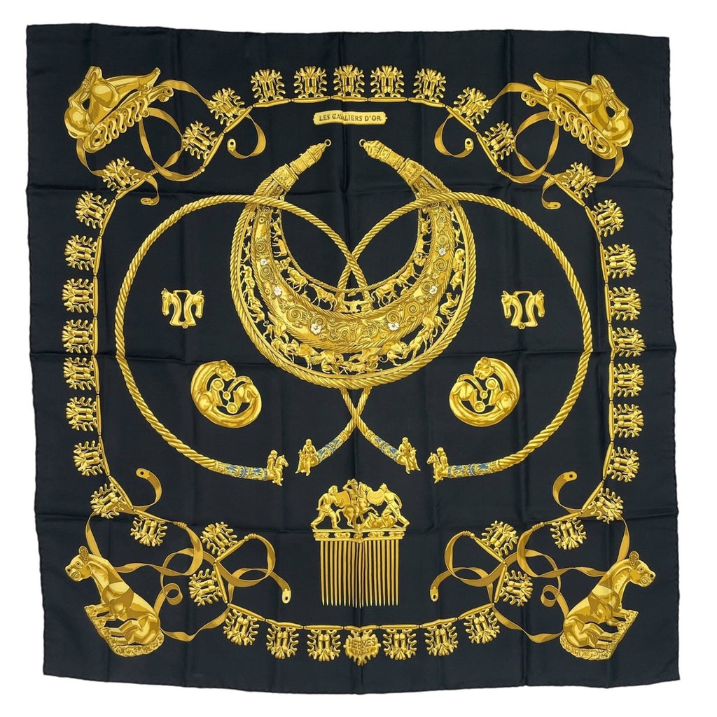 Hermes Scarf Silk Carre 90 les Cavaliers D'Or Golden Knight Black
