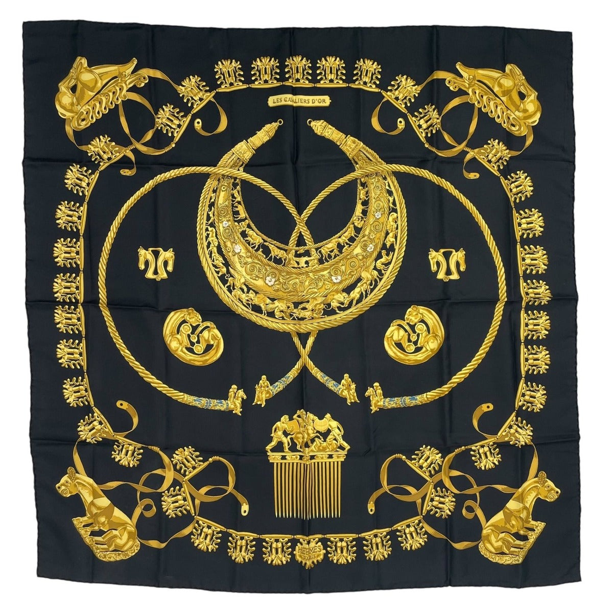 Hermes Scarf Silk Carre 90 les Cavaliers D'Or Golden Knight Black